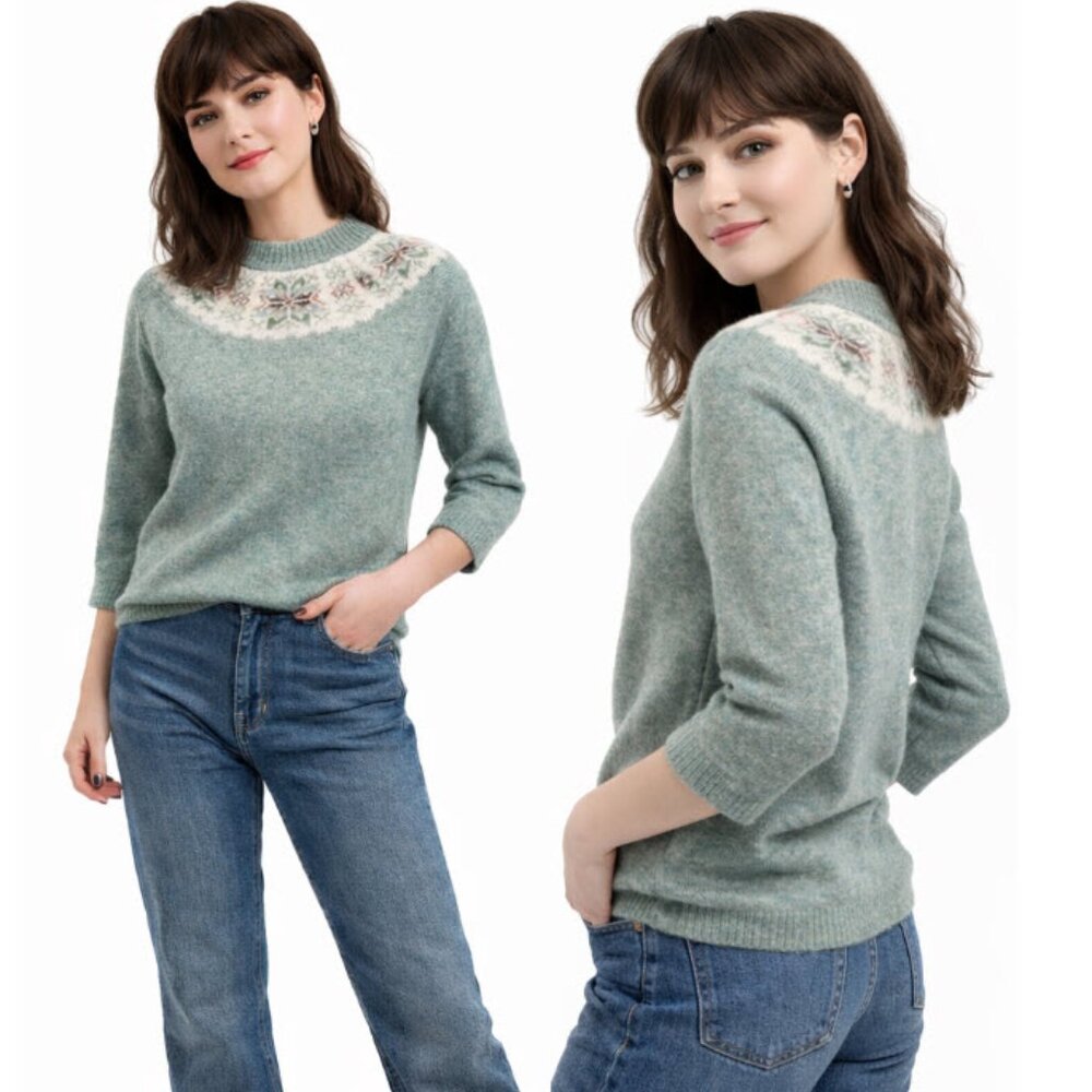 Shetland Croft-Spun Fair Isle Wool Sweater Green Yoke Pure New Wool Medium 40